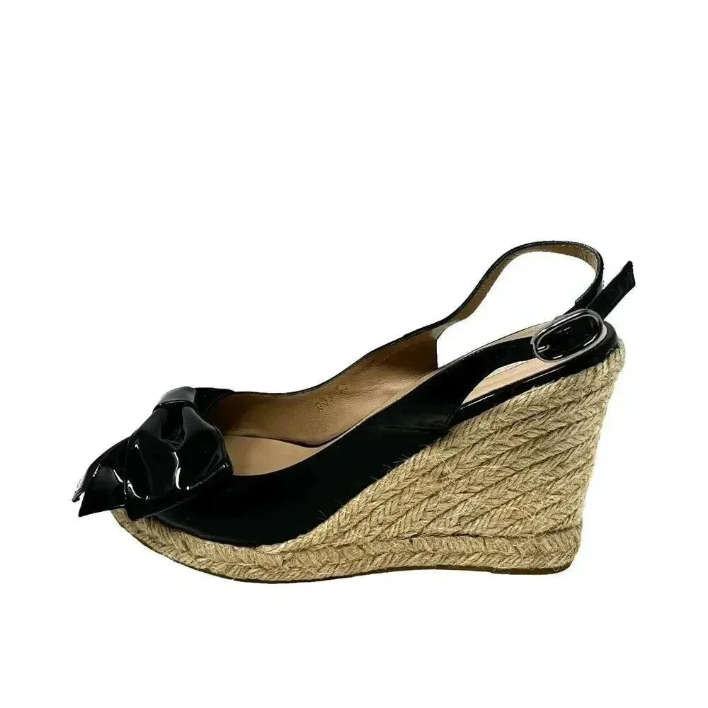 Valentino Garavani size 7 37 Espadrille Wedge Black patent leather sandal w/box